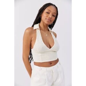 NWT Urban Outfitters Ford Collared Cropped Top Ivory textured V-neck M medium
